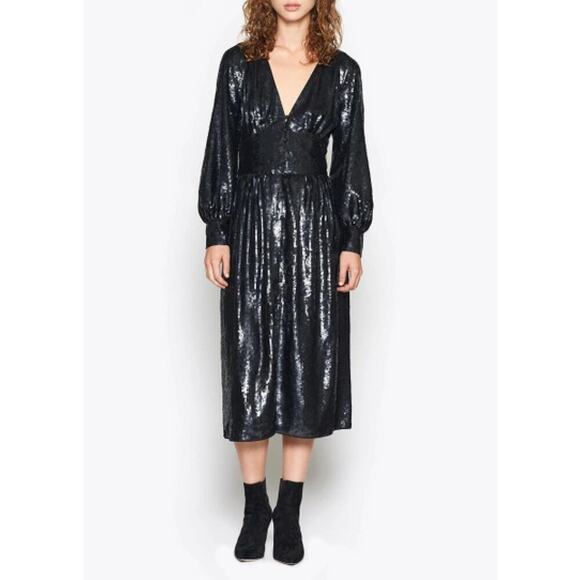 NWT Joie‎ Black Sequin Kyria Midi Dress Long Sleeves Button Front V-Neck, Size 4 - Picture 3 of 16